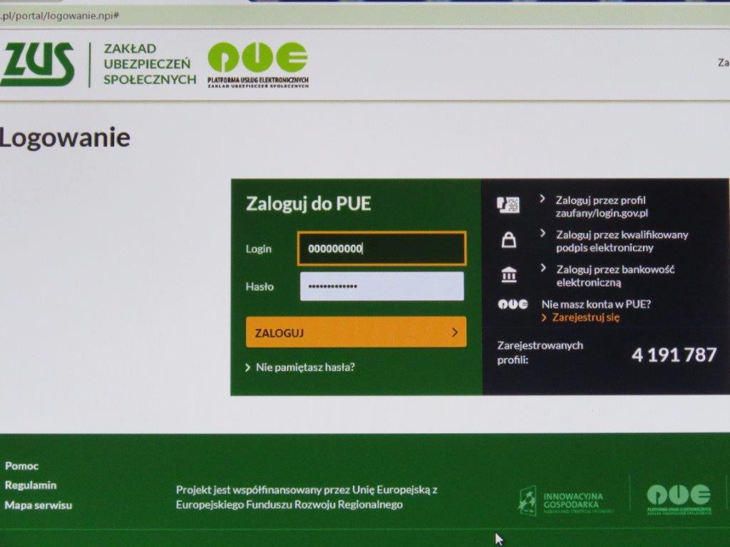Platforma Usług Elektronicznych (PUE) ZUS - logowanie